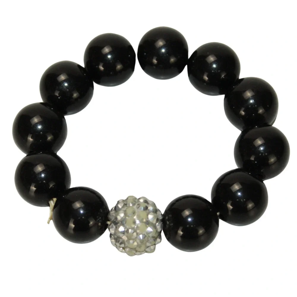 Vintage 80’s Black Beaded Pave Acrylic Plastic Stretch Bracelet Chunky Style